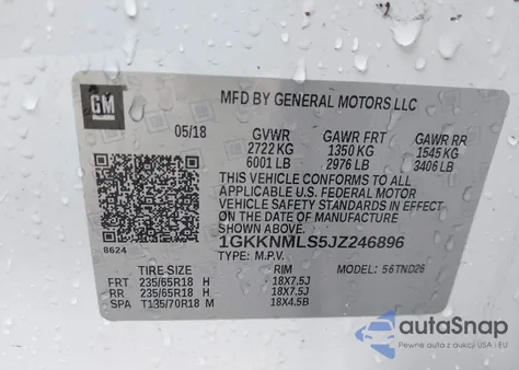 2018 GMC Acadia Slt-1 z USA, uszkodzony, nr VIN 1GKKNMLS5JZ246896